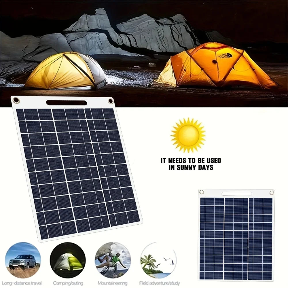Beach Camp Portable solar power bank with two USB ports, suitable for outdoor camping, charging mobile phones or other electronic devices.
