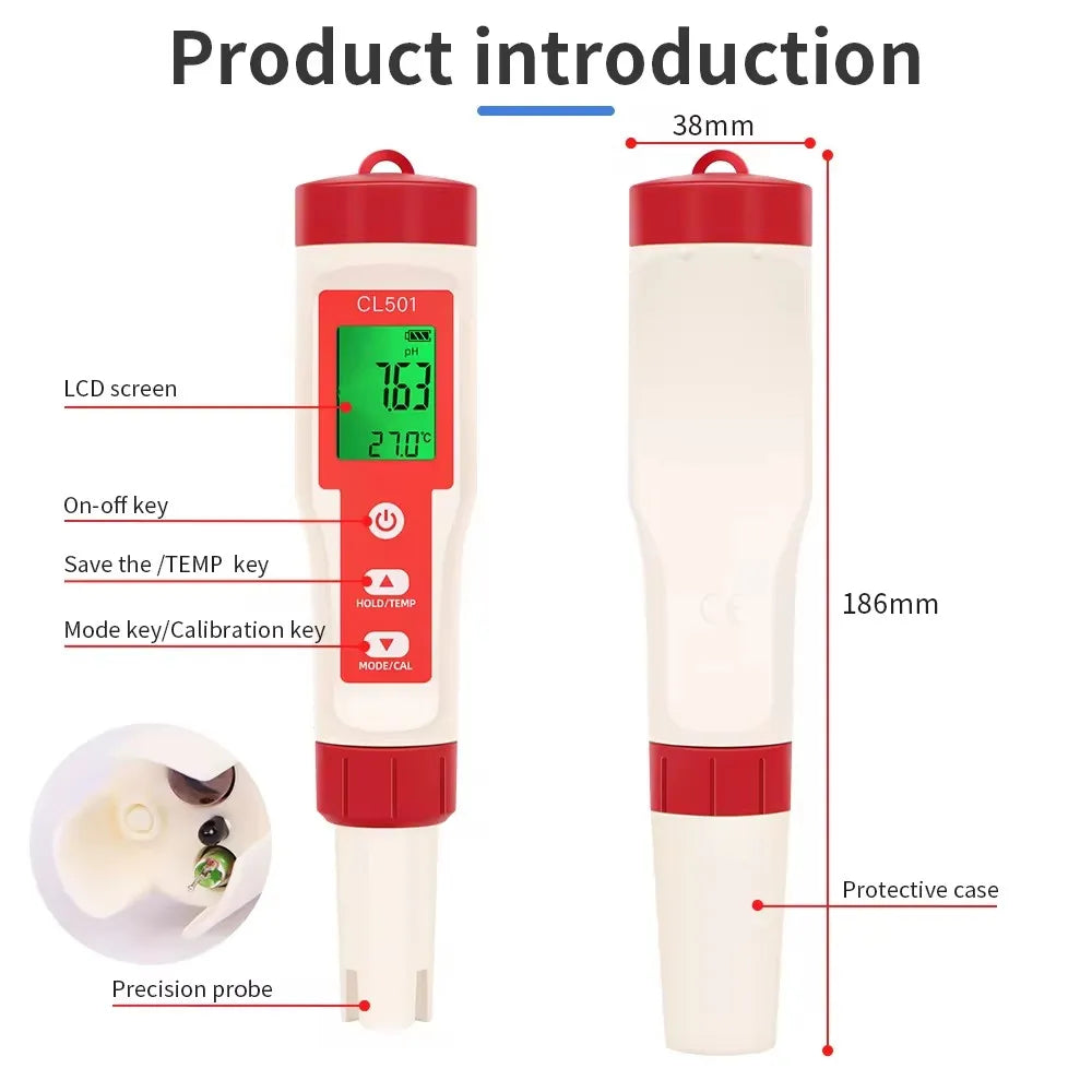 Beach Camp 5 in 1 Chlorine Meter PH/CL2/H2/ORP/Temperature Meter Water Quality Tester for Pools Drinking Water Aquarium Aquaculture