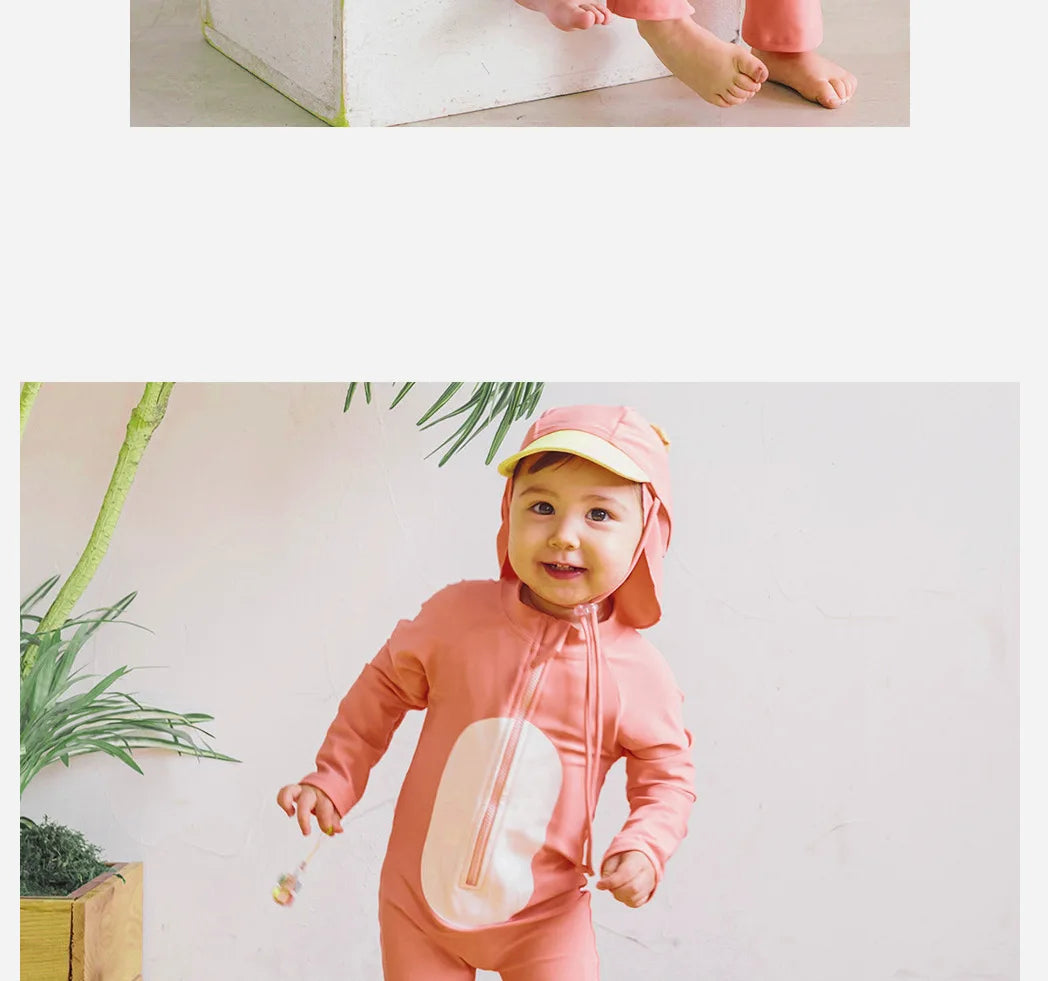 Beach Camp Baby Swimwear One-piece Bathing Suit Boys Girls Swimsuit Long Sleeves and Pants Sun Protection Surf Suit with Sun Hat