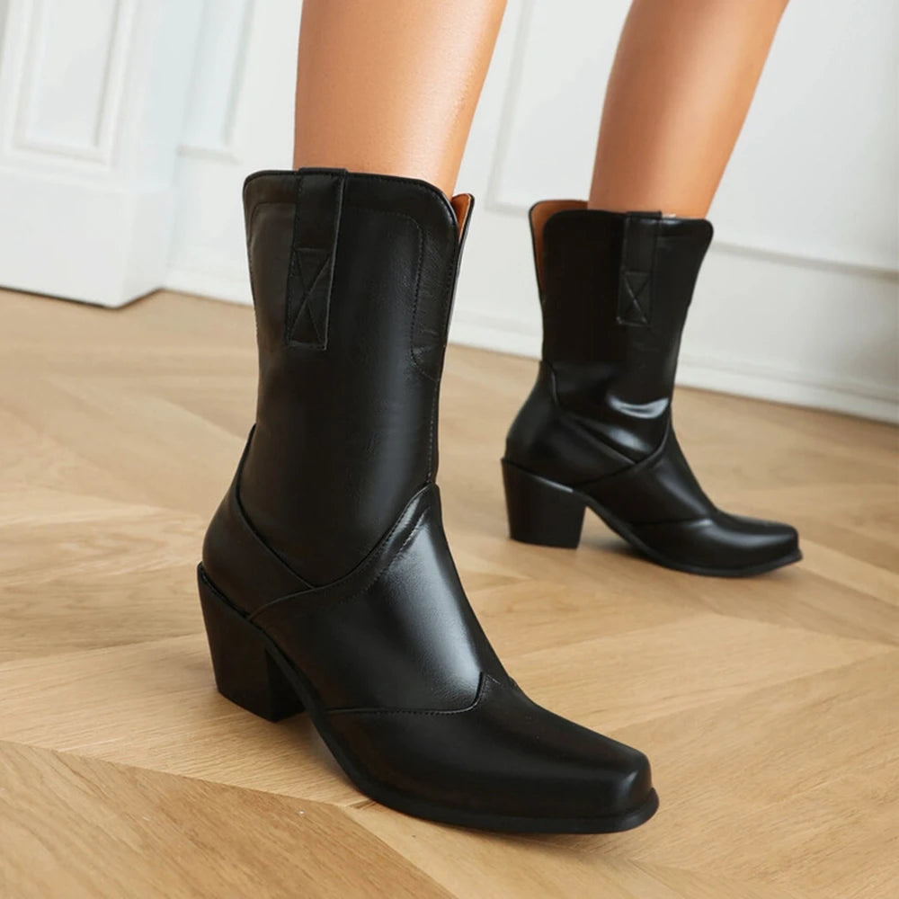 Botas De Mujer Western Cowboy Boots Retro Black Mid Calf Boots for Women Thick High Heels Goth Shoes Big Size 34-48 777-11