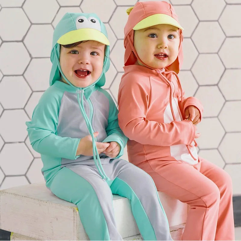 Beach Camp Baby Swimwear One-piece Bathing Suit Boys Girls Swimsuit Long Sleeves and Pants Sun Protection Surf Suit with Sun Hat