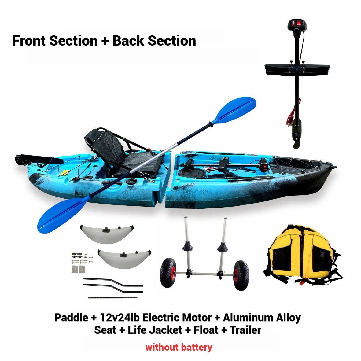 Beach Camp Portable LLDPE Kayak with Split Hard Shell, Electric/Pedal-Driven Canoe for Solo/Tandem Lake/Sea Adventures, Modular Assembly