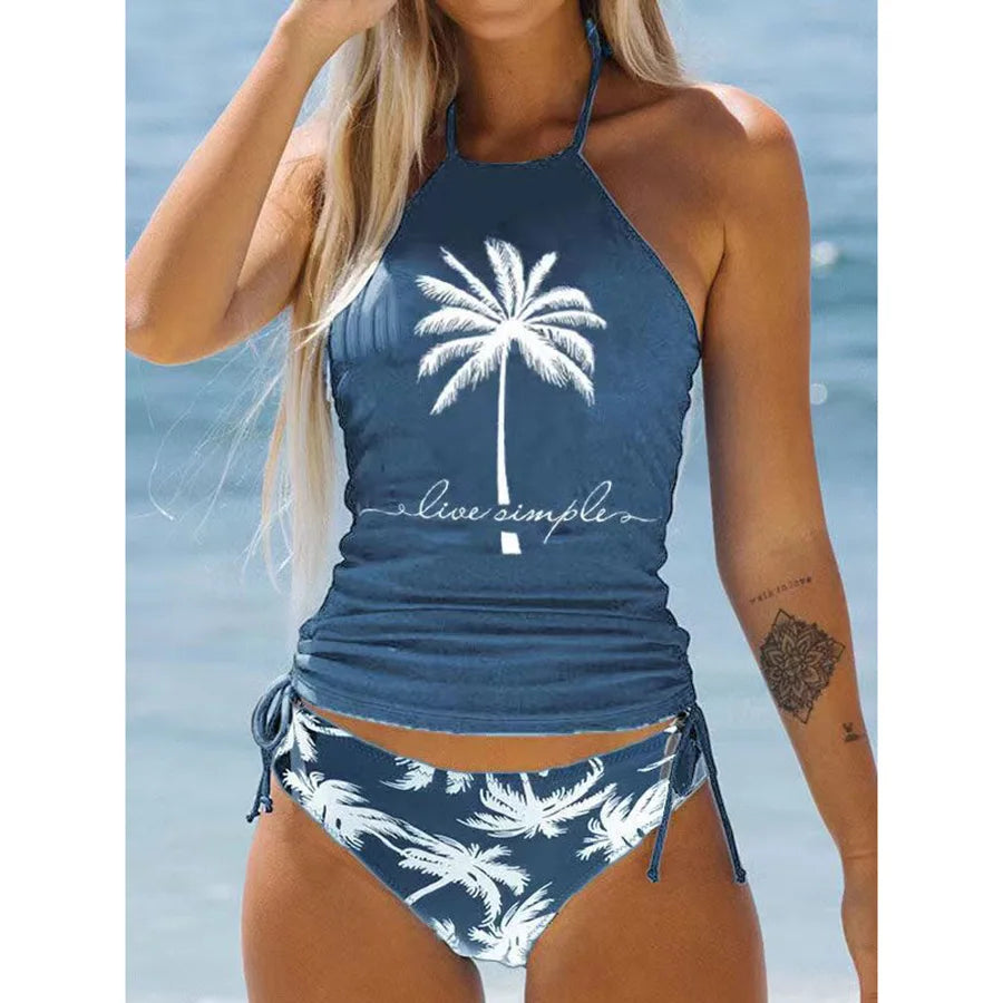 Beach Camp Women's Bathing Suit Coconut Drawstring Side High Neck Tankini Set Summer Beach Wear Cute Swimwear Fashion Swimsuit 2025 New