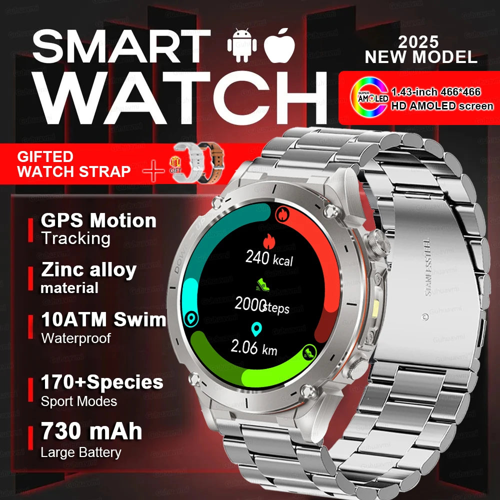 Beach Camp New GPS Smart Watch 1.43" Ultra HD Display Built-in GPS Compass 170 Sports Modes Voice Calling 10ATM Waterproof Smart Braceletes