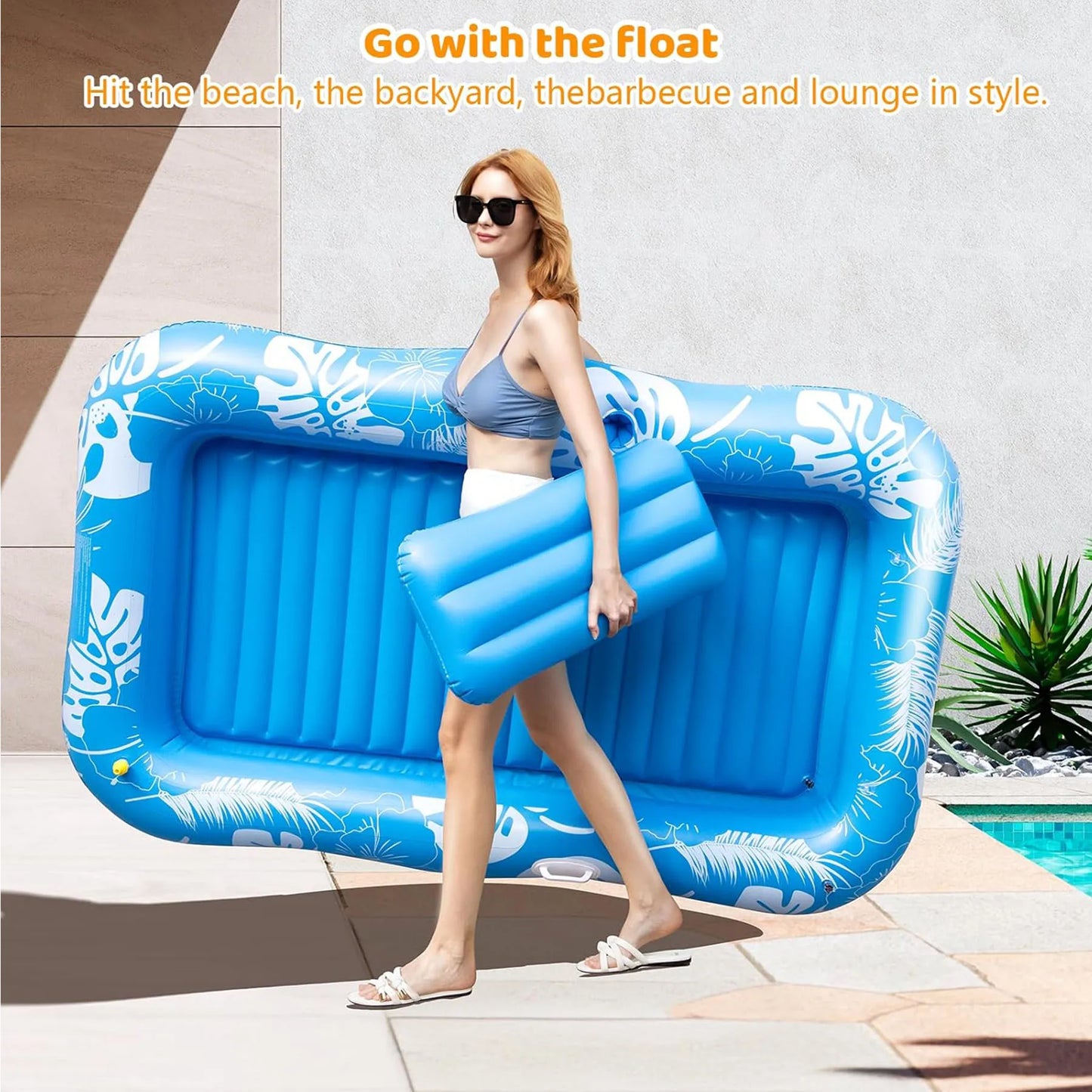 Beach Camp Inflatable Tanning Pool Lounger Float with Sprinkler, 77" x 48" Pool Floats Adult with Pillow, 6 in 1 Suntan Tub Raft Floatie