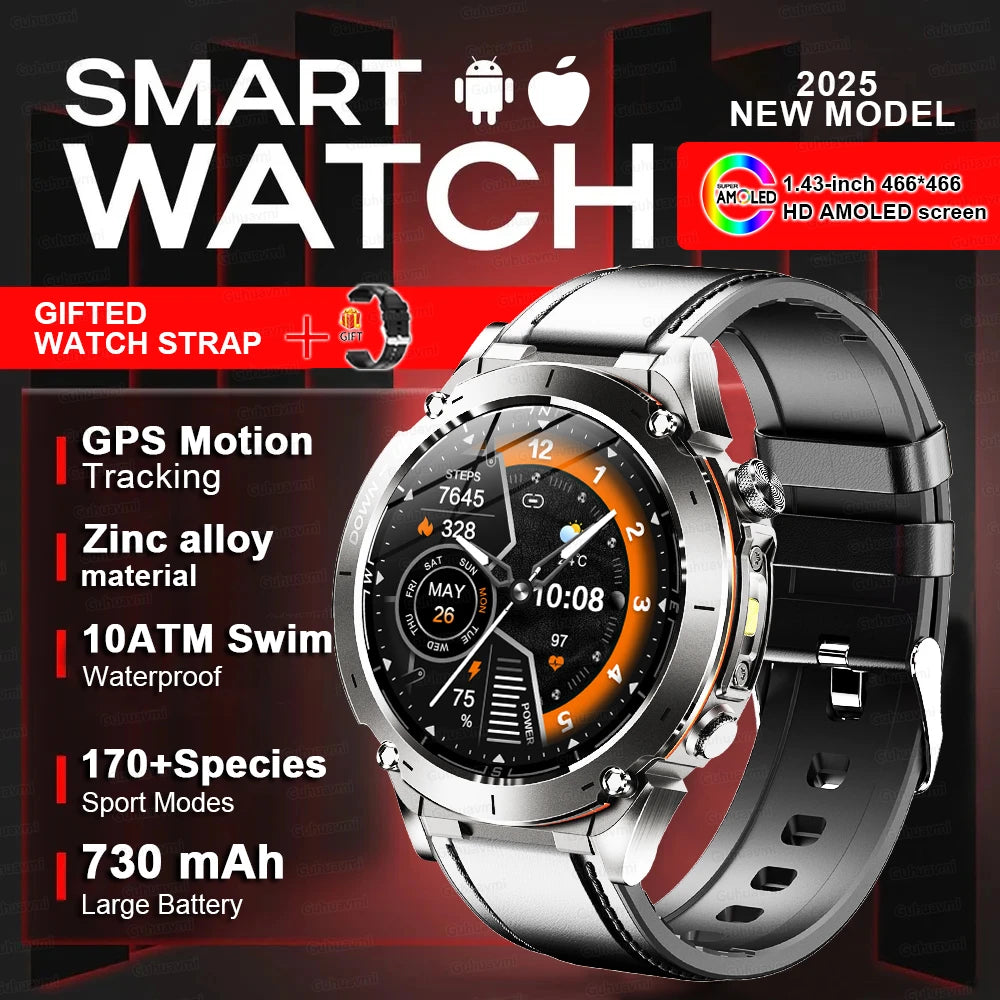 Beach Camp New GPS Smart Watch 1.43" Ultra HD Display Built-in GPS Compass 170 Sports Modes Voice Calling 10ATM Waterproof Smart Braceletes
