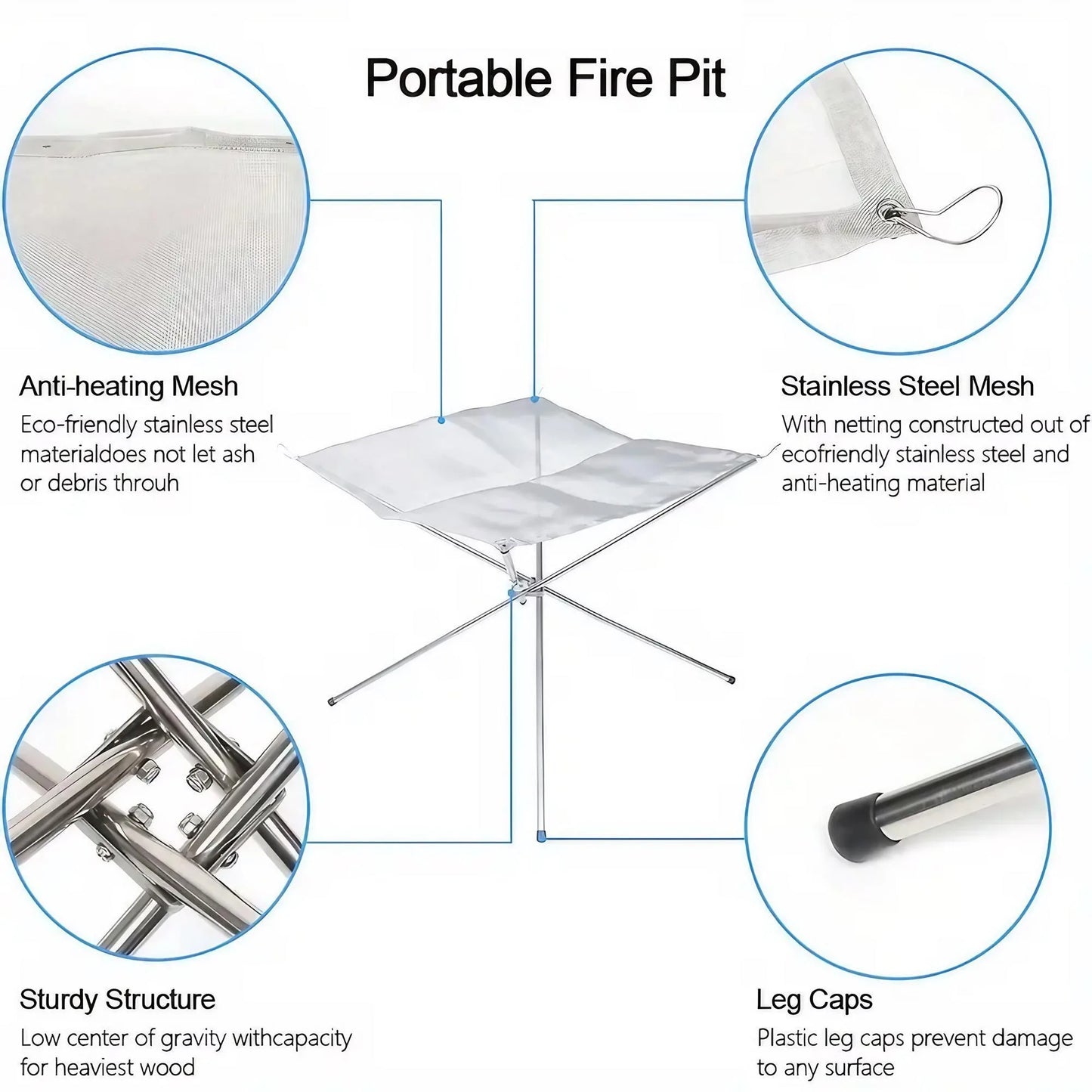 Beach Camp Folding Portable Steel Mesh Camping Fire Pit, Outdoor Wood Burning Bonfires Rack, Stainless Steel Fire Pit, with Carrying Bag