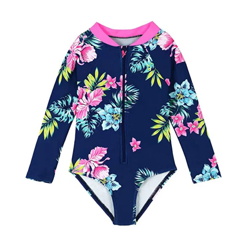 Beach Camp New Children Swimsuits Girls Fashion Designed Long Sleeve One-Piece Swimwear Toddler Kids Sun Protection Bathing Suits Beachwear