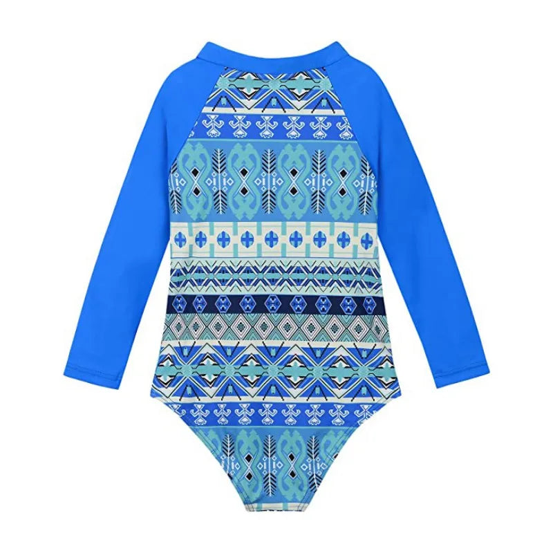 Beach Camp New Children Swimsuits Girls Fashion Designed Long Sleeve One-Piece Swimwear Toddler Kids Sun Protection Bathing Suits Beachwear