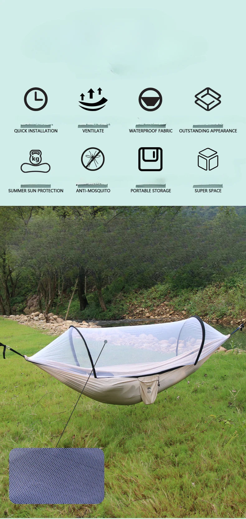 Beach Camp Camping hammock with net, lightweight and portable hammock, large capacity, anti rollover, suitable for backyard and hiking