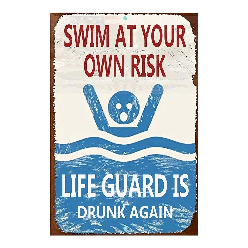 Beach camp Pool Rules Sign for Outdoor, Backyard Metal Swimming Pool Sign, No Diving No Running No Peeing No Lifeguard on Duty Sign