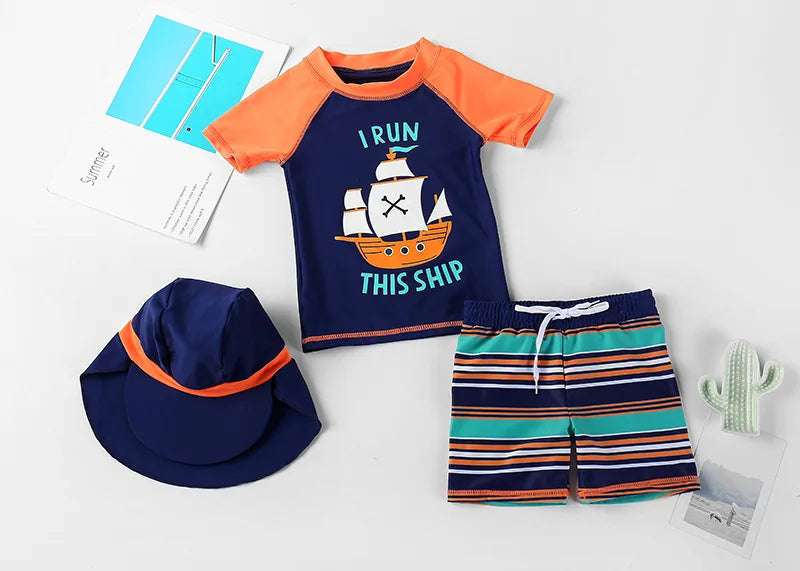 Beach Camp 2025 Summer Split Swimsuit Set Baby Boys Girls Long Sleeves/Short Sleeves Bathing Suit+Swim Shorts+Swimming Cap Three-piece Set