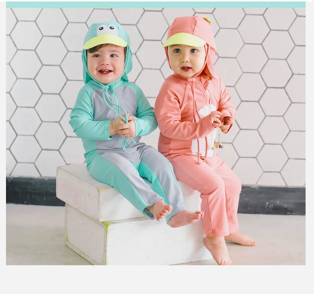 Beach Camp Baby Swimwear One-piece Bathing Suit Boys Girls Swimsuit Long Sleeves and Pants Sun Protection Surf Suit with Sun Hat