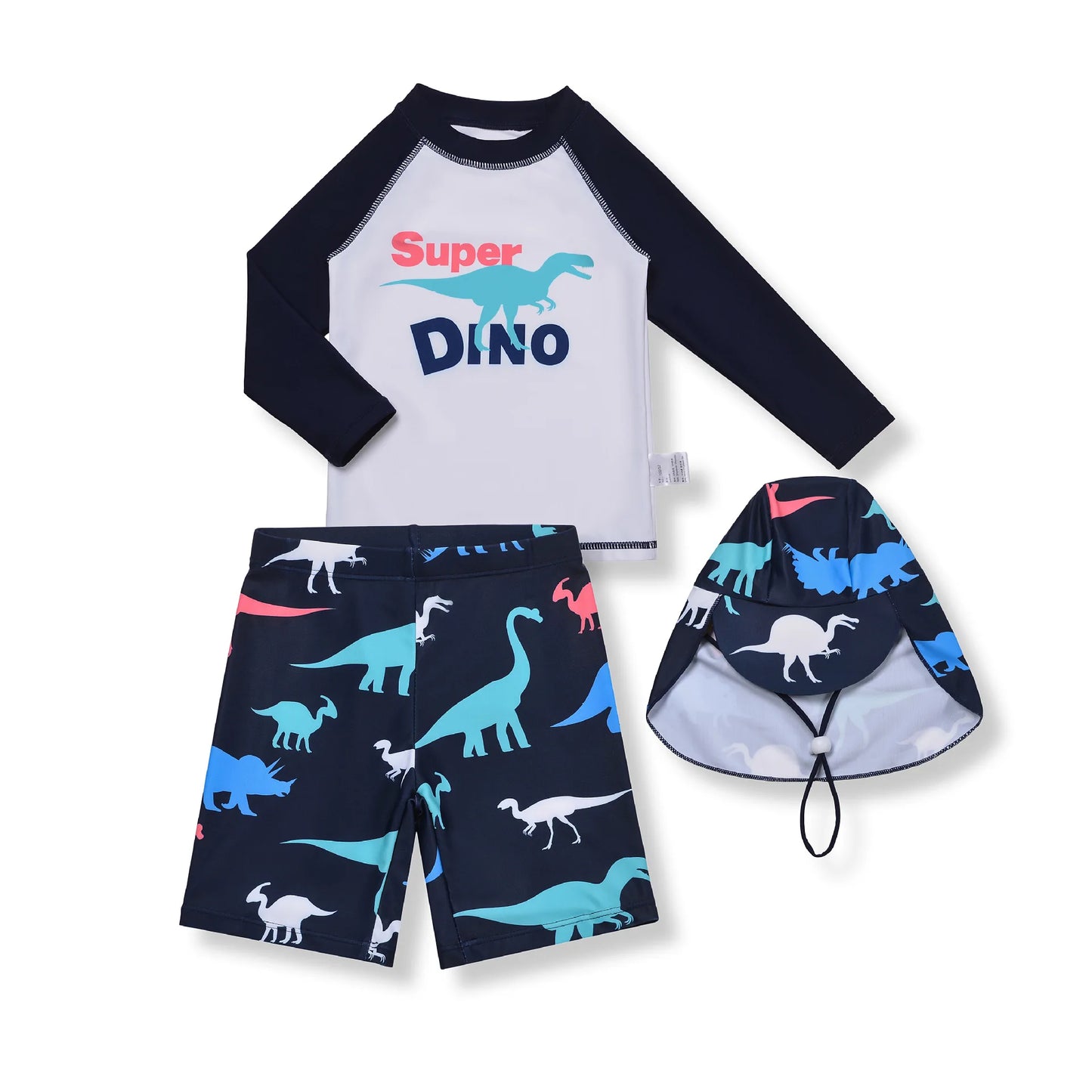Beach Camp 3 Pcs Boy Swimsuit Sun Protection UPF 50+ Long Sleeve Swimming Sunsuit With Hat Split Cartoon Dinosaur Bathing Suits Children