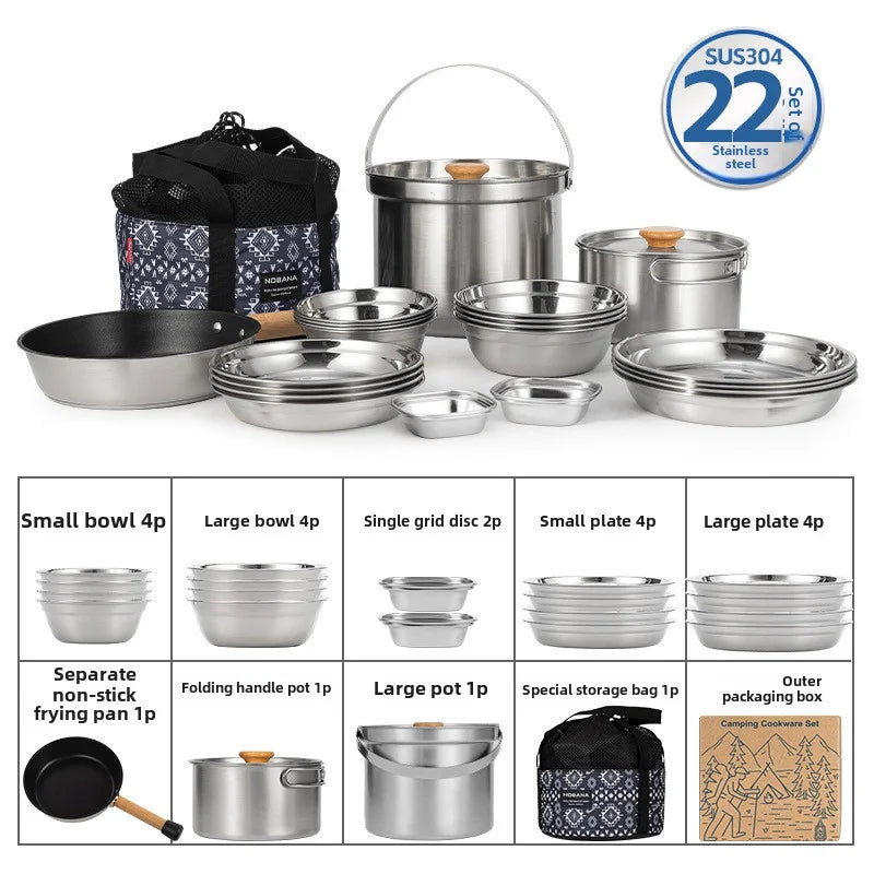 NOBANA&CLS Newset Outdoor Camping Stainless Steel 14P 22PCS Triple Stencorpel Set Camping Dinware Bowl Pot Set Household Pot