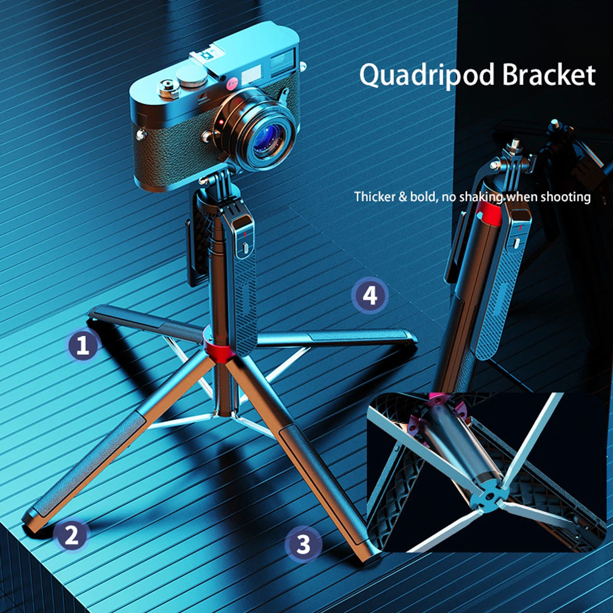 Beach Camp Portable camera tripod with wireless remote control and 360 ° rotation for video recording, video recording, and live streaming