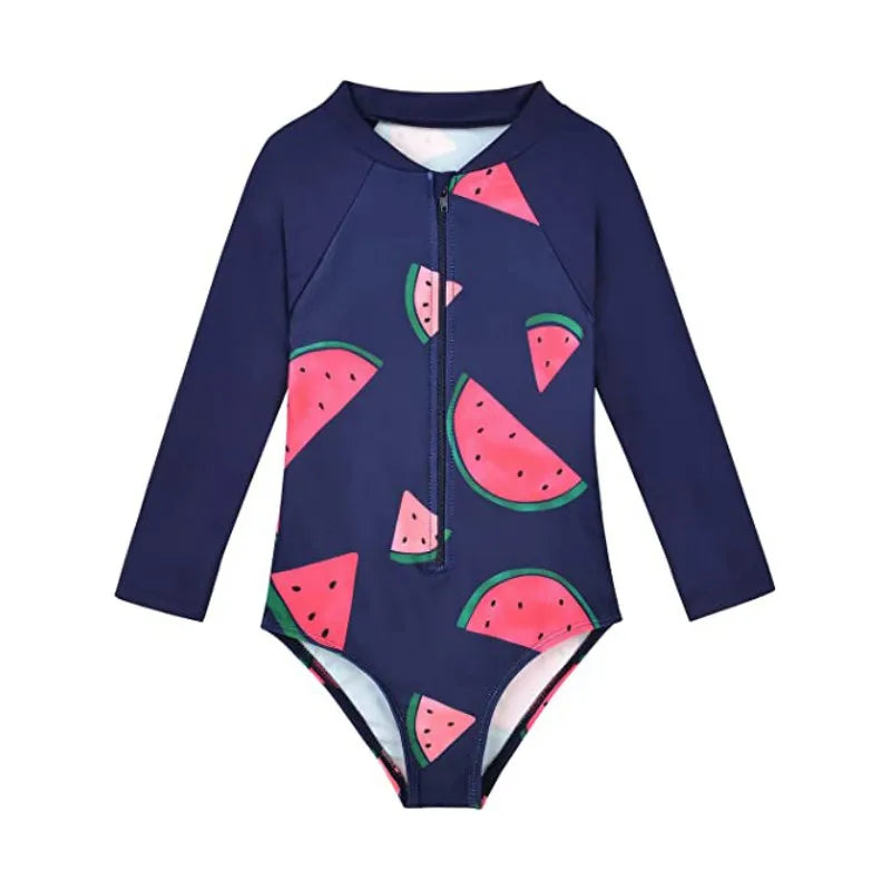 Beach Camp New Children Swimsuits Girls Fashion Designed Long Sleeve One-Piece Swimwear Toddler Kids Sun Protection Bathing Suits Beachwear
