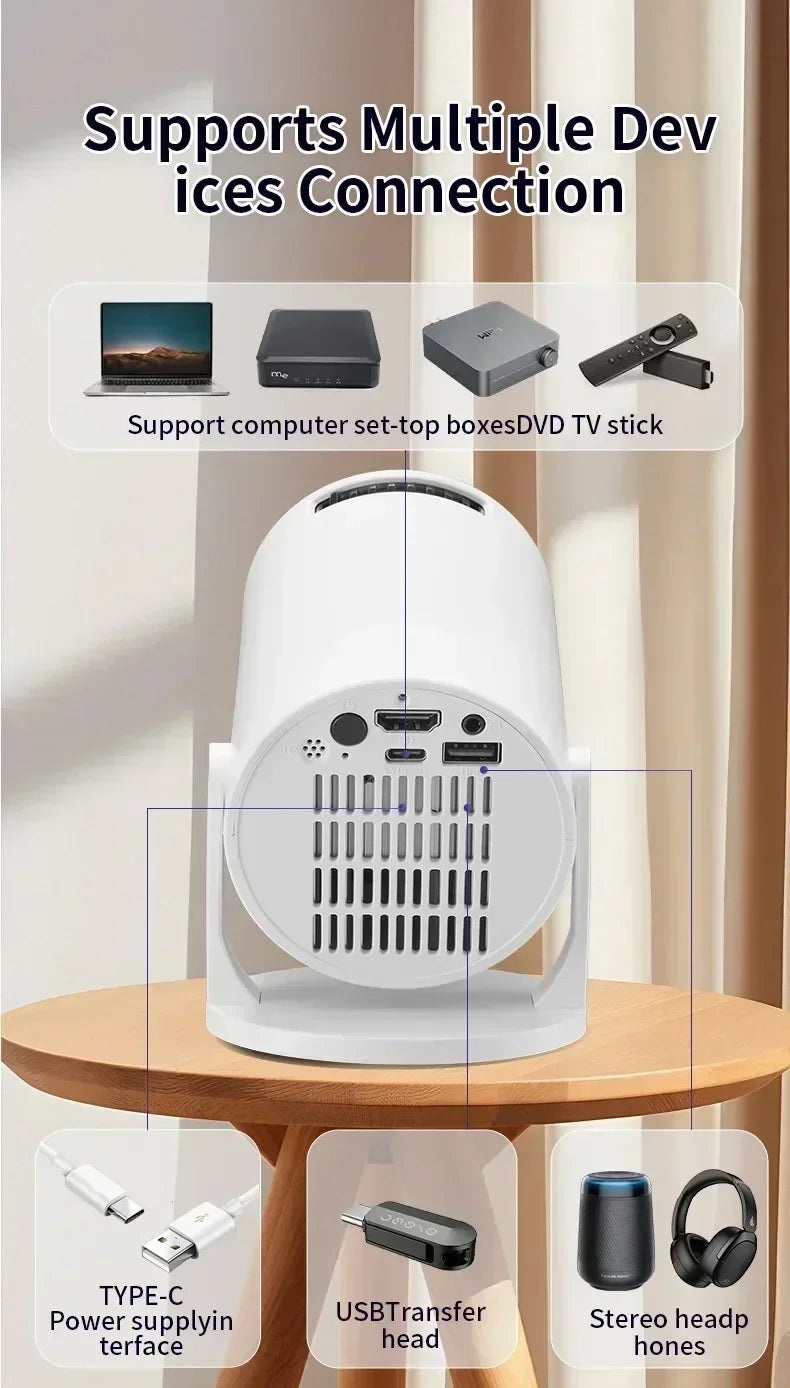 Beach Camp Outdoor Movie Projector 1080P LED, 270° Adjustable Angle, Support USB/TV Box/Phone/PC for Camping