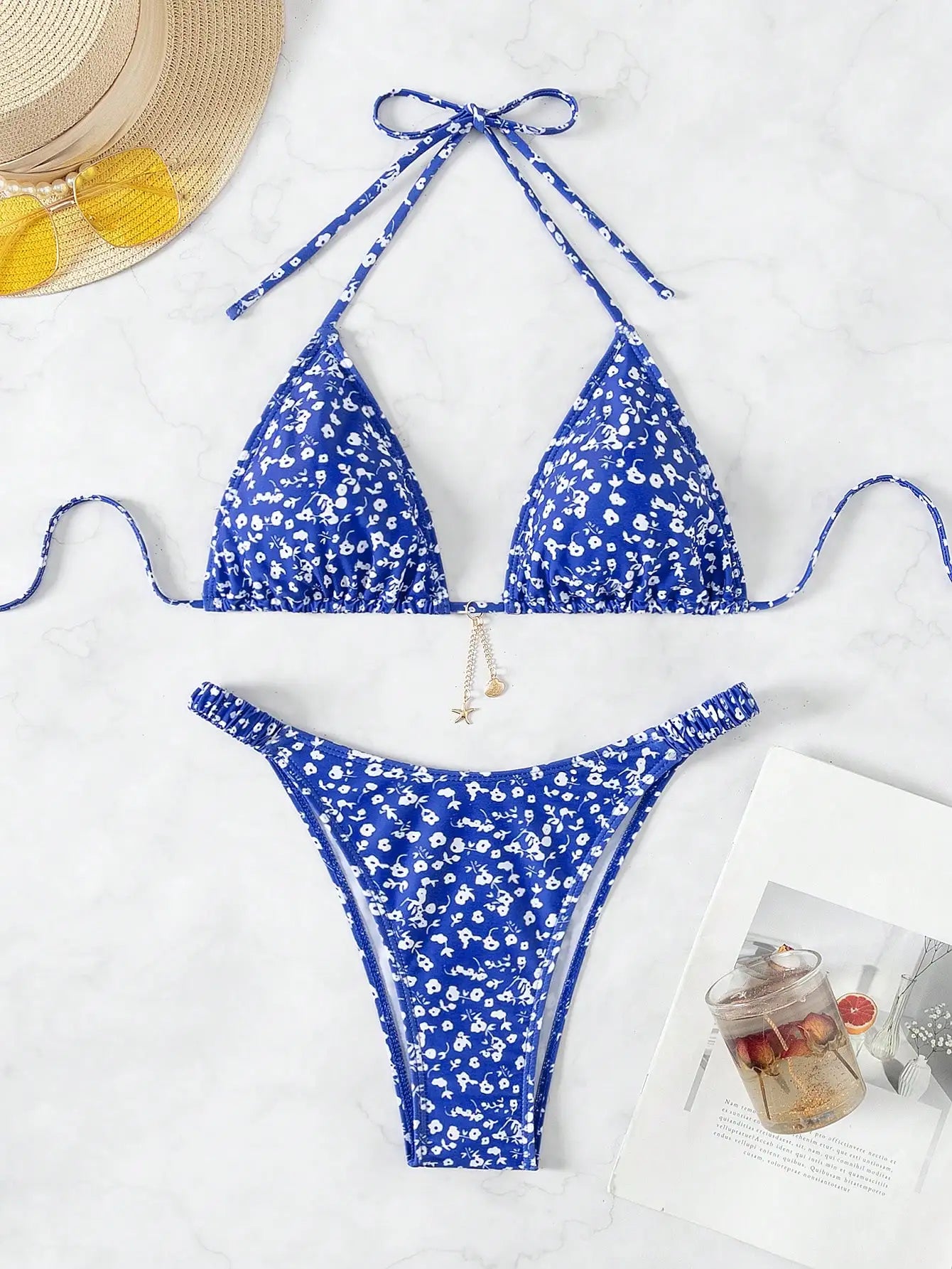 Beach Camp Halter neck floral pattern triangle cup split bikini summer cool swimwear comfortable