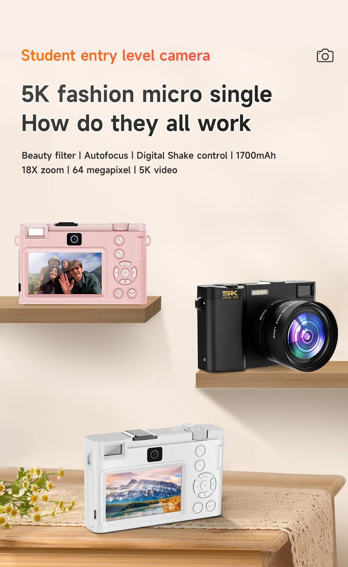 Beach Camp5K Professional Digital Camera WIFI Webcam Wide Angle Digital Zoom 64MP Camcorder Photography 3 Inch Screen Vlog Video Recorder