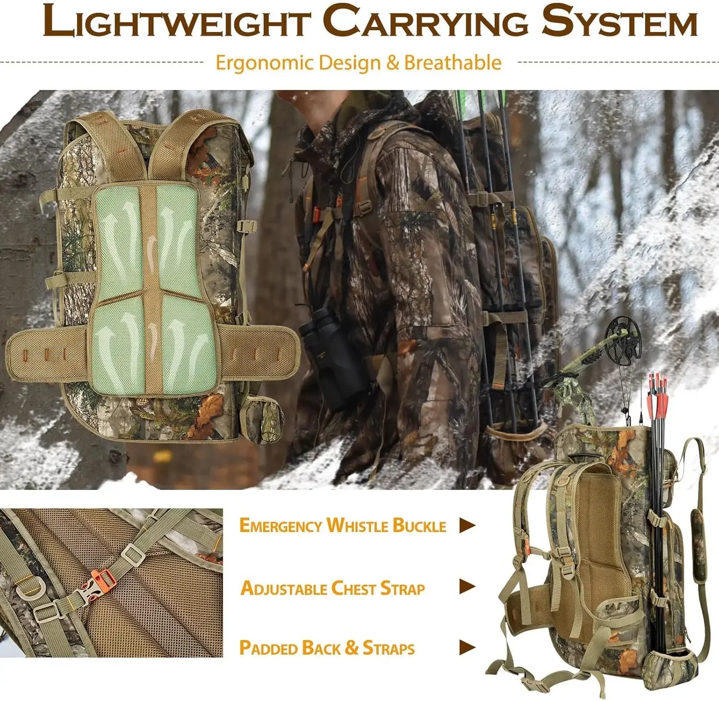 Beach Camp Bow Hunting Backpack for Men, Camo Compound Bag & Tree Saddle Back Pack with Bow Holder, for Elk Turkey Bear Deer