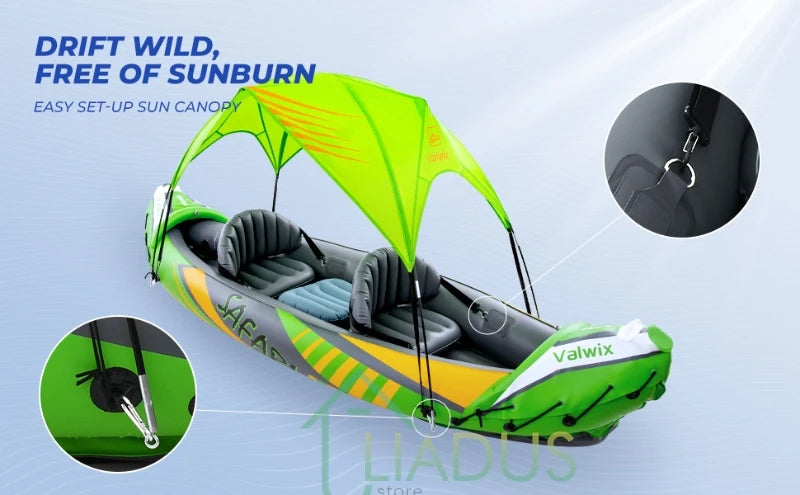 Beach Camp Inflatable Kayak with Sunshade Inflatable Fishing Boat Thickened and Wear-resistant for Adults PVC Rowing Kayak for Water Sports