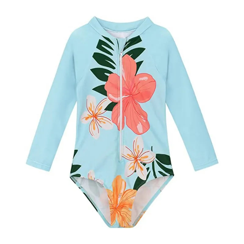 Beach Camp New Children Swimsuits Girls Fashion Designed Long Sleeve One-Piece Swimwear Toddler Kids Sun Protection Bathing Suits Beachwear