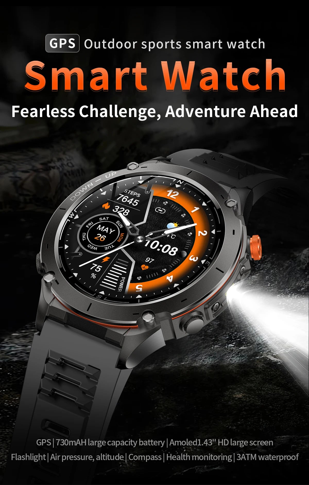 Beach Camp New GPS Smart Watch 1.43" Ultra HD Display Built-in GPS Compass 170 Sports Modes Voice Calling 10ATM Waterproof Smart Braceletes