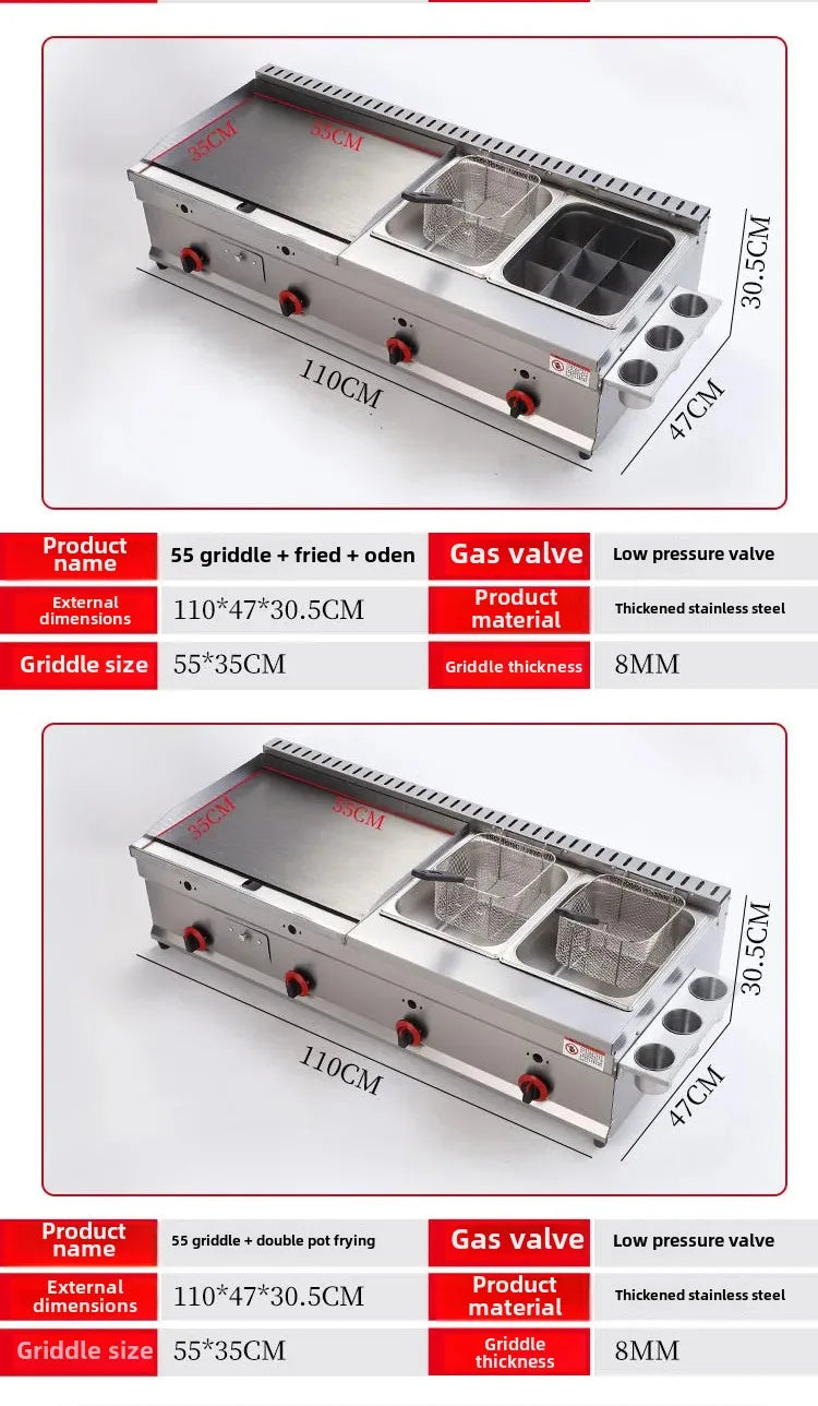 Commercial gas furnace, Combination machine for grilling and frying, Setting up a stall Snack sales for pancake Braised Squid