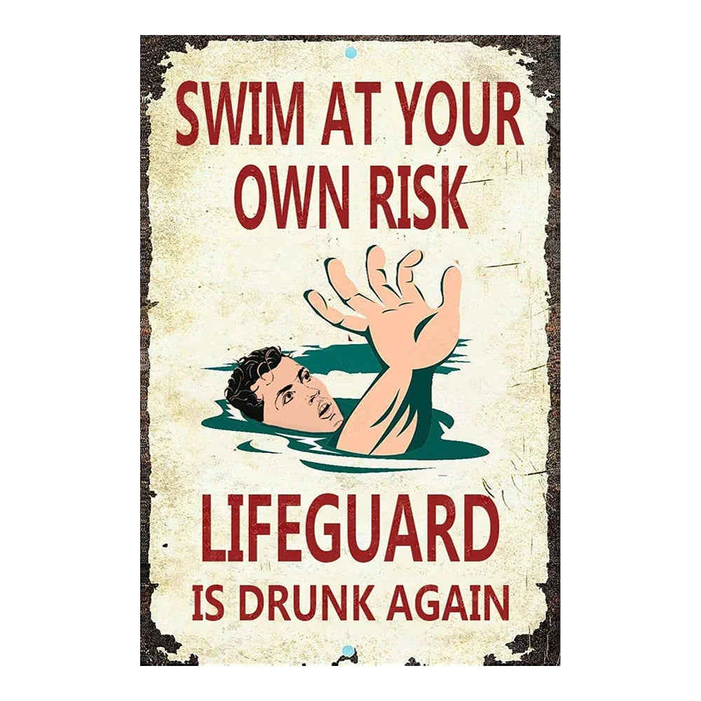 Beach camp Pool Rules Sign for Outdoor, Backyard Metal Swimming Pool Sign, No Diving No Running No Peeing No Lifeguard on Duty Sign