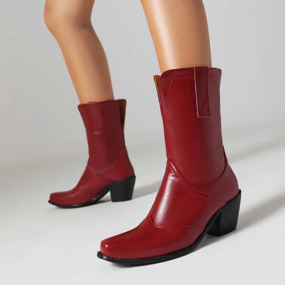 Botas De Mujer Western Cowboy Boots Retro Black Mid Calf Boots for Women Thick High Heels Goth Shoes Big Size 34-48 777-11