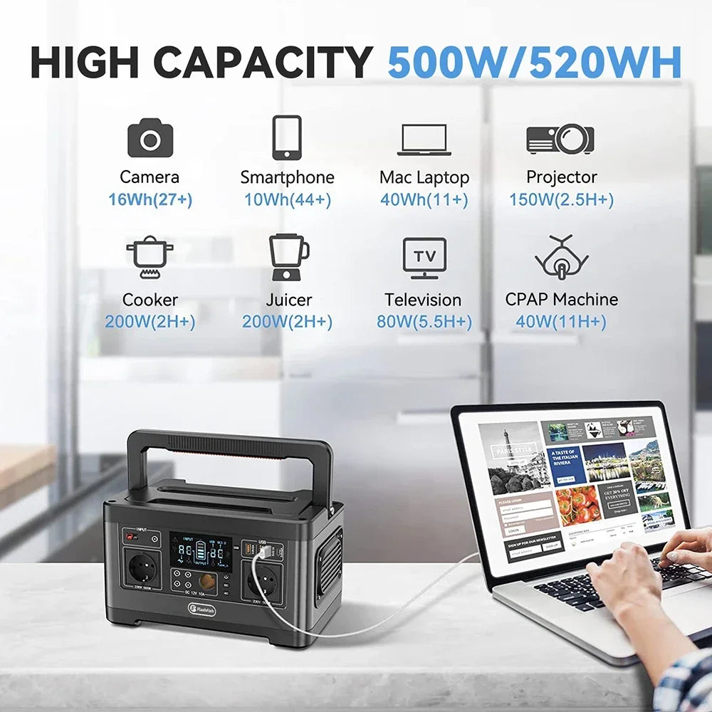 Beach Camp Portable Power Bank Station Equipment 60W-500W Power Bank Generator + Pure Sine Wave AC Output for Outdoor Camping Emergency