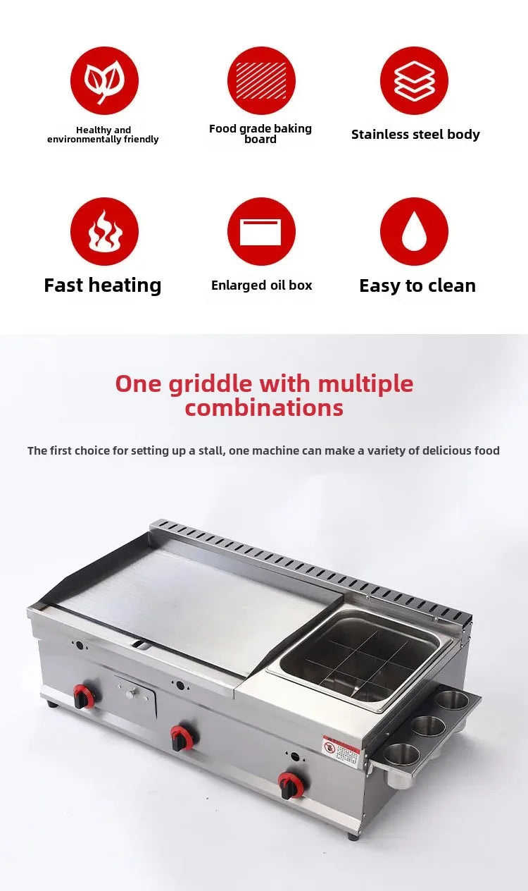 Commercial gas furnace, Combination machine for grilling and frying, Setting up a stall Snack sales for pancake Braised Squid