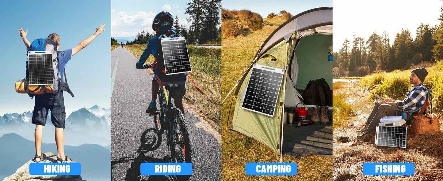 Beach Camp Portable solar power bank with two USB ports, suitable for outdoor camping, charging mobile phones or other electronic devices.