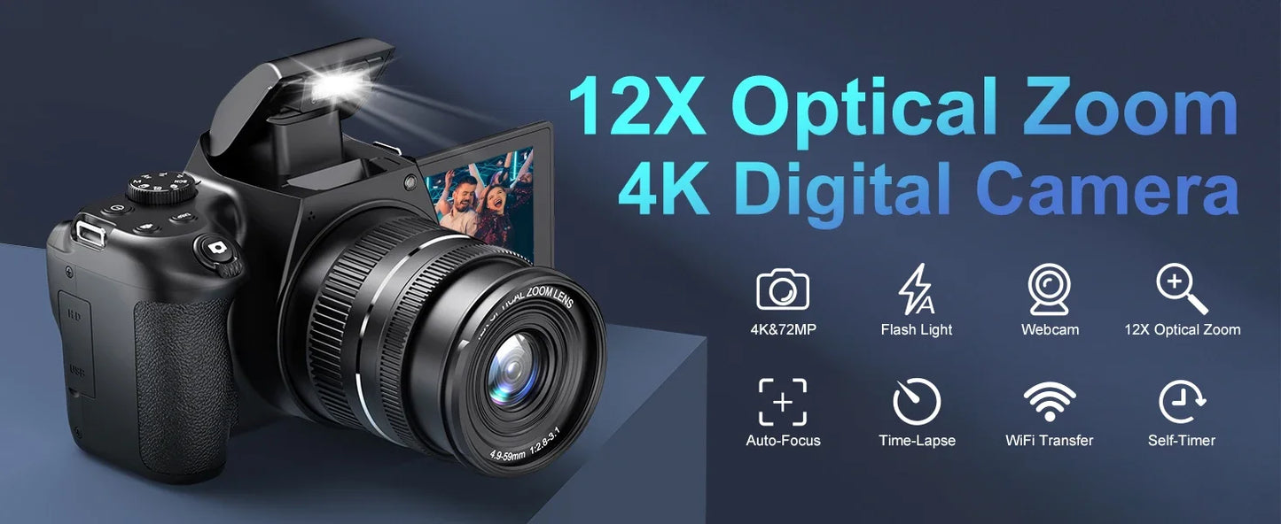 Beach Camp Digital Camera 4K 72MP 12X Optical Zoom UHD Professional photography Flash light Auto-Focus WIFI for INS Youtube Webcast