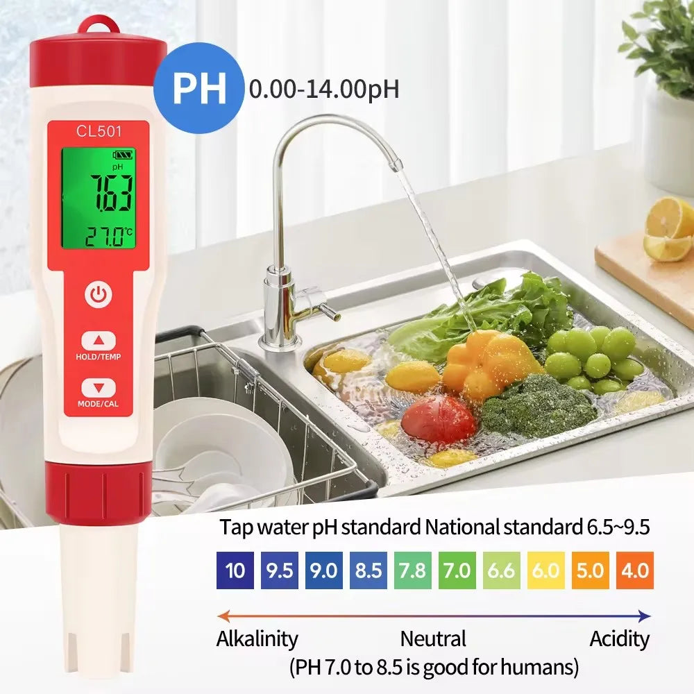 Beach Camp 5 in 1 Chlorine Meter PH/CL2/H2/ORP/Temperature Meter Water Quality Tester for Pools Drinking Water Aquarium Aquaculture