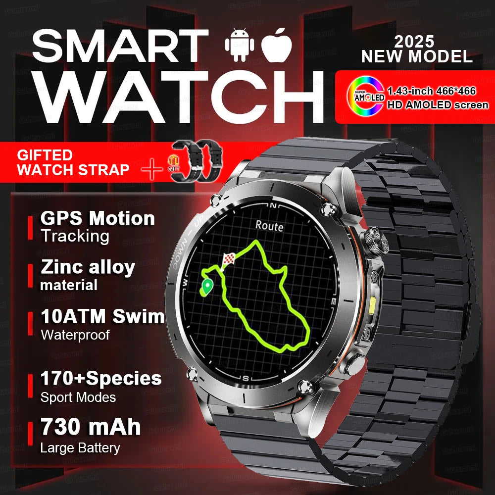Beach Camp New GPS Smart Watch 1.43" Ultra HD Display Built-in GPS Compass 170 Sports Modes Voice Calling 10ATM Waterproof Smart Braceletes