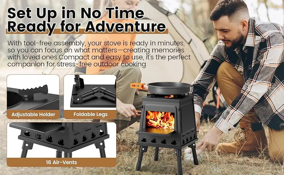 Beach Camp Stove Camping Wood Stove, Portable Wood Burning Stove, Backpacking Folding Camp Tent Heat Mini Outdoor Stove with Carrying Bag, for Co