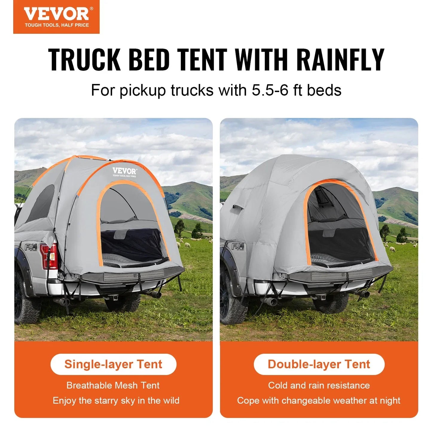 Beach Camp Truck Bed Tent, 5.5'-6' Pickup Truck Tent with Rain Layer and Carry Bag, Waterproof PU2000mm Double Layer Truck Tent
