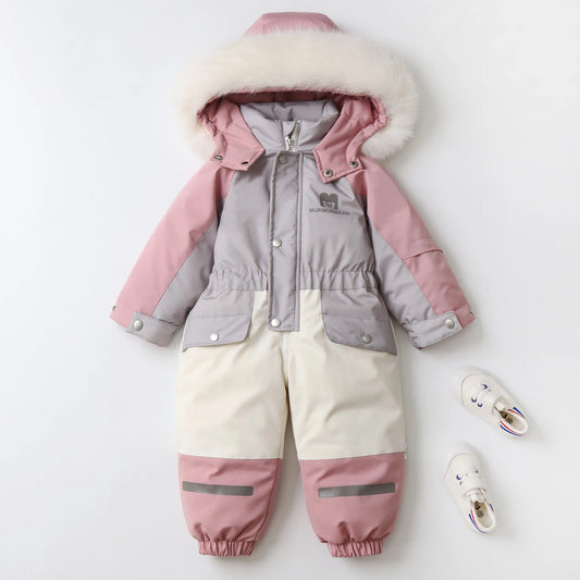 2025 Winter New Cross-Border Children's Jumpsuit Hooded Plus Velvet Padded Ski Suit with Zipper Closure for Baby Climbing