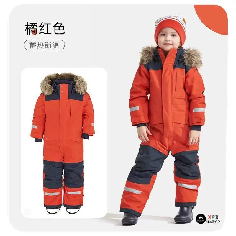 Beach Camp Autumn Winter Children Ski Jumpsuit Windproof Warm Outdoor Plastic Jacket Pants Boys Girls Skiing Snowboarding Suit
