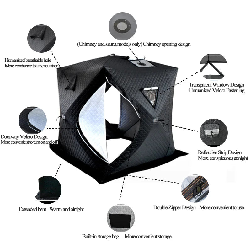 Beach Camp Pop-up Removable Tent with Roof Stove Jack, 3-4 Person Portable Cold-Proof Camping Ice Fishing Tent Black Without Bottom