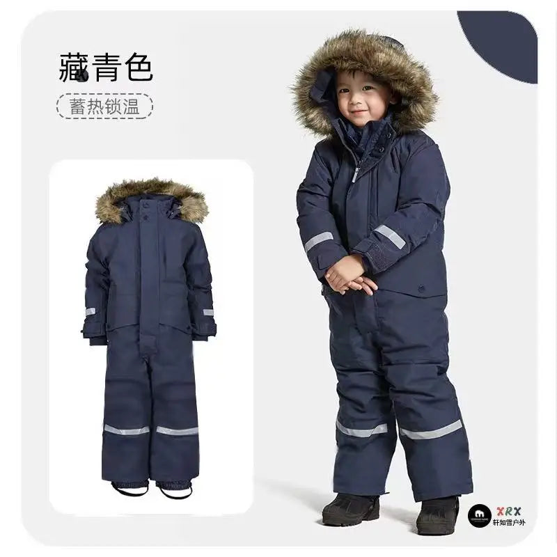 Beach Camp Autumn Winter Children Ski Jumpsuit Windproof Warm Outdoor Plastic Jacket Pants Boys Girls Skiing Snowboarding Suit