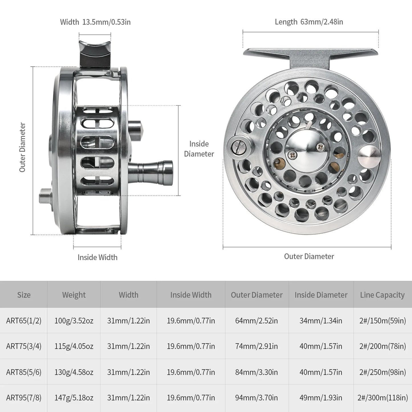 Beach Camp ART Aluminum Alloy CNC High Lightweight Fly-Fishing Reel 65/75/85/95 Specifications