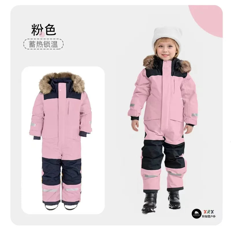 Beach Camp Autumn Winter Children Ski Jumpsuit Windproof Warm Outdoor Plastic Jacket Pants Boys Girls Skiing Snowboarding Suit