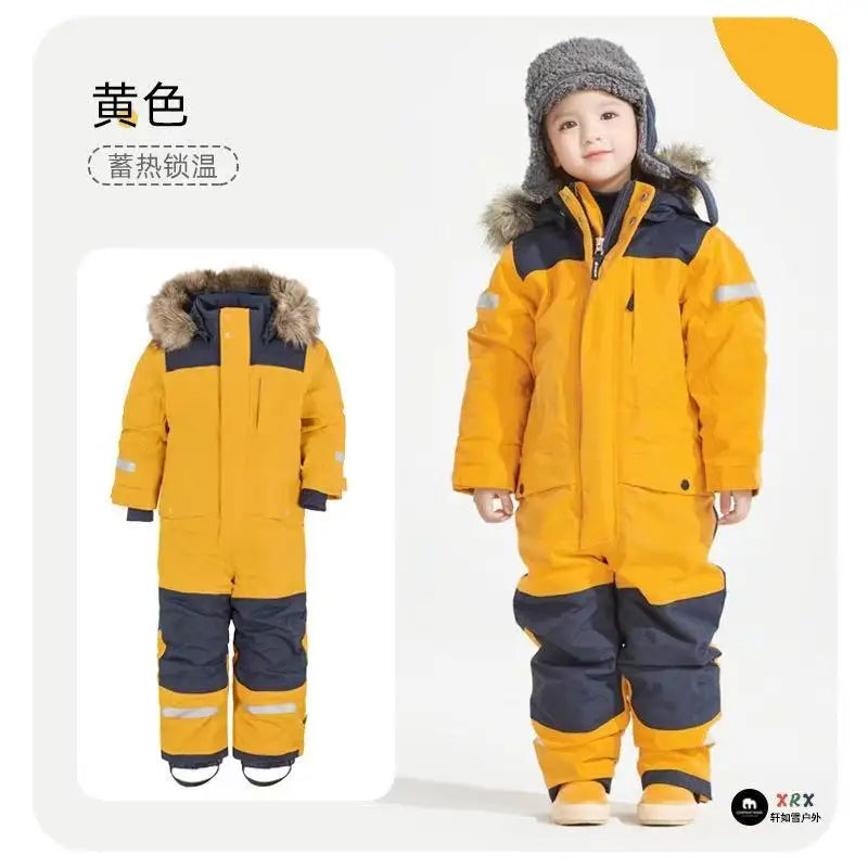 Beach Camp Autumn Winter Children Ski Jumpsuit Windproof Warm Outdoor Plastic Jacket Pants Boys Girls Skiing Snowboarding Suit