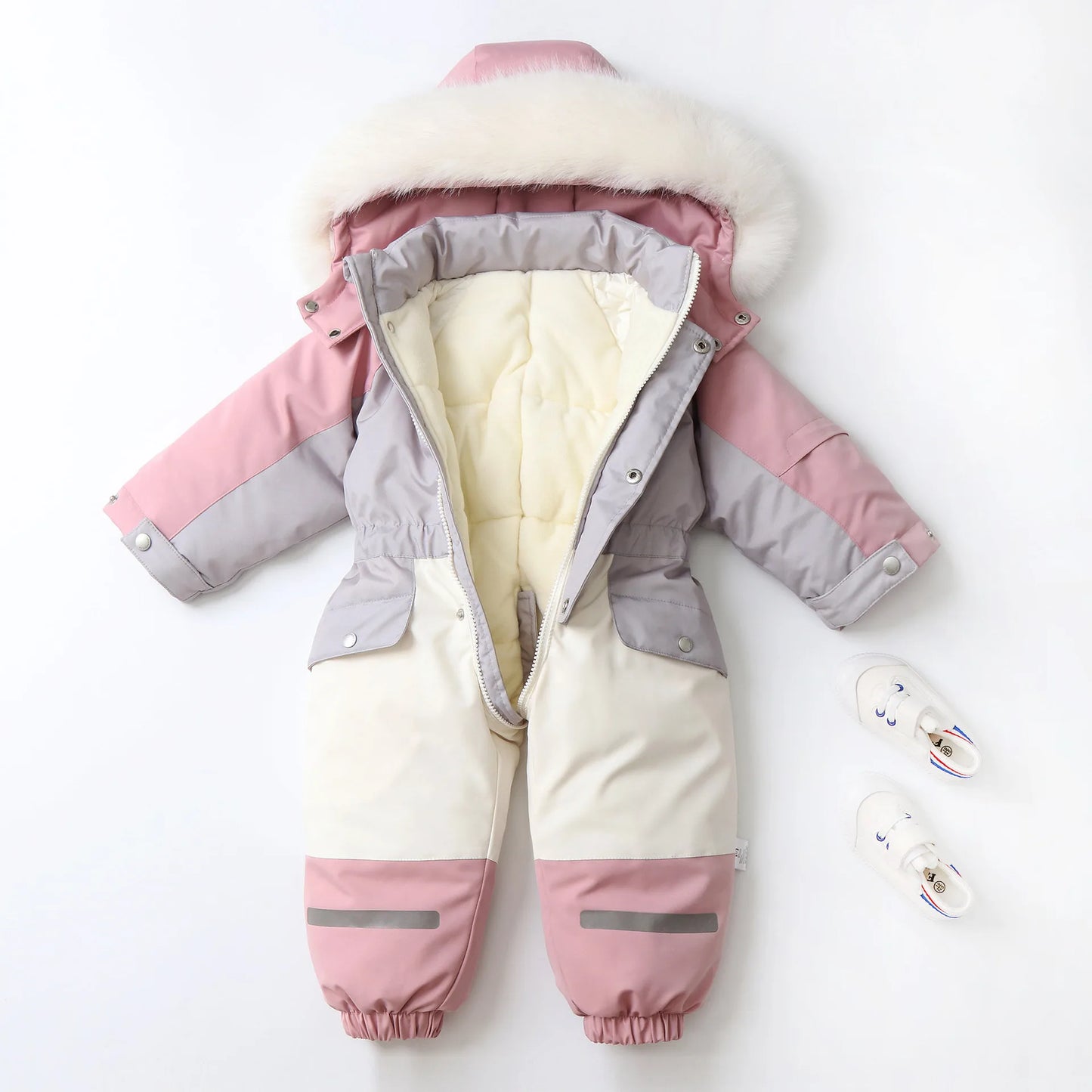 2025 Winter New Cross-Border Children's Jumpsuit Hooded Plus Velvet Padded Ski Suit with Zipper Closure for Baby Climbing