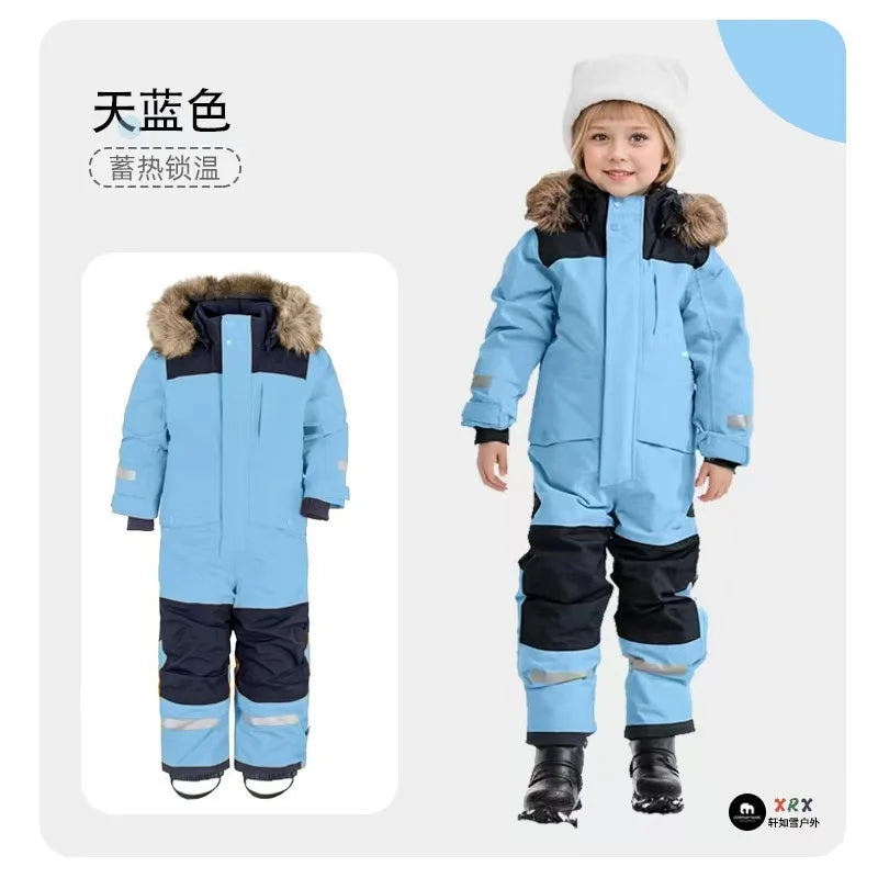 Beach Camp Autumn Winter Children Ski Jumpsuit Windproof Warm Outdoor Plastic Jacket Pants Boys Girls Skiing Snowboarding Suit