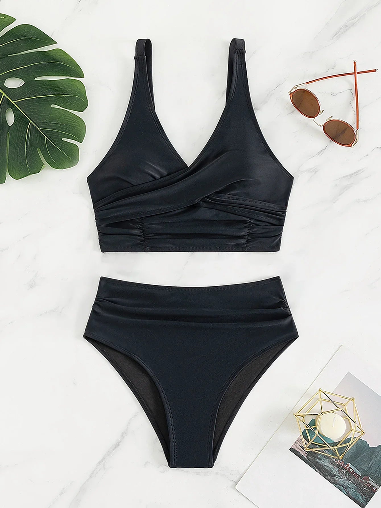Beach Camp Summer Women V Neck Black Bikini Set High Waist Straps Swimwear for Women Backless 2 Piece Beach Swimsuit Bathing Suit