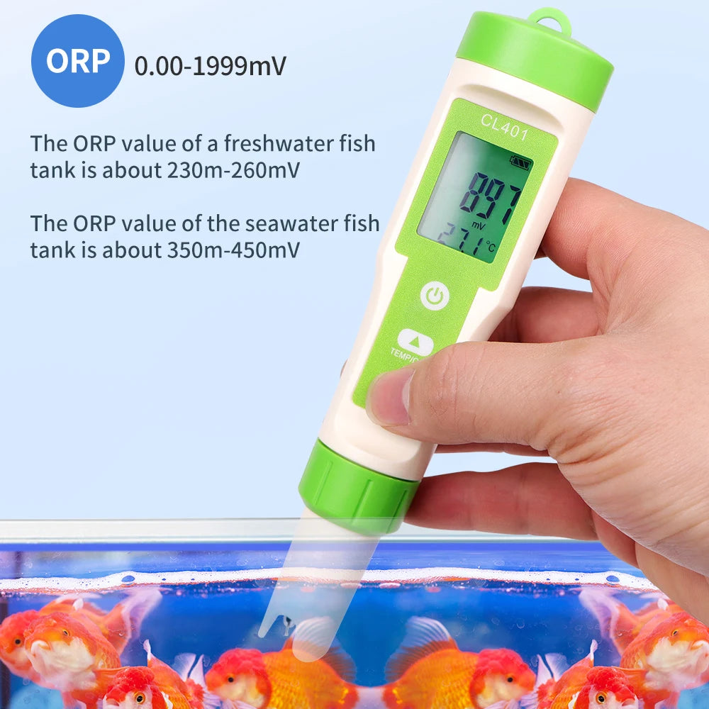 Beach Camp 5 in 1 Chlorine Meter PH/CL2/H2/ORP/Temperature Meter Water Quality Tester for Pools Drinking Water Aquarium Aquaculture